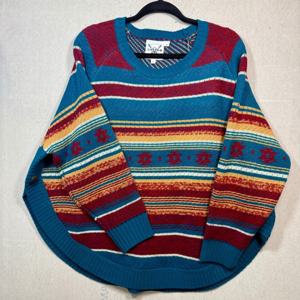 Cotton & Rye Outfitters Southwestern Striped Poncho Sweater Teal Burgundy‎ XL